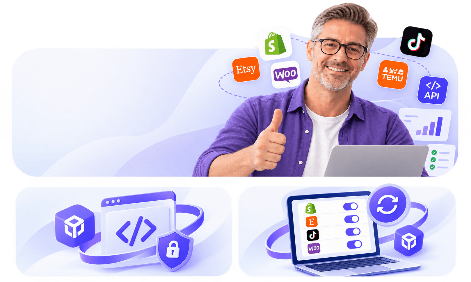 A merchant connecting Shopify, Etsy, TikTok Shop, WooCommerce, Temu, and an API to one fulfillment workflow