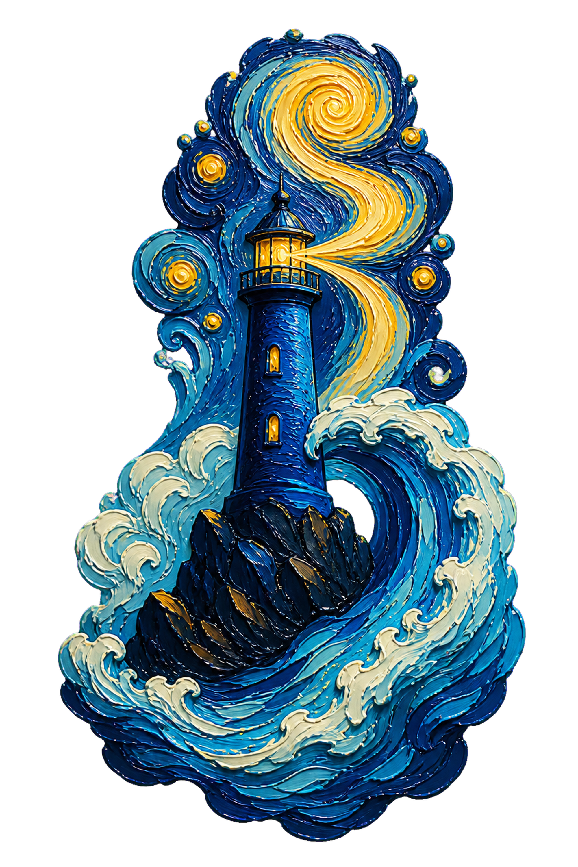 Blue lighthouse artwork used as a product design draft.