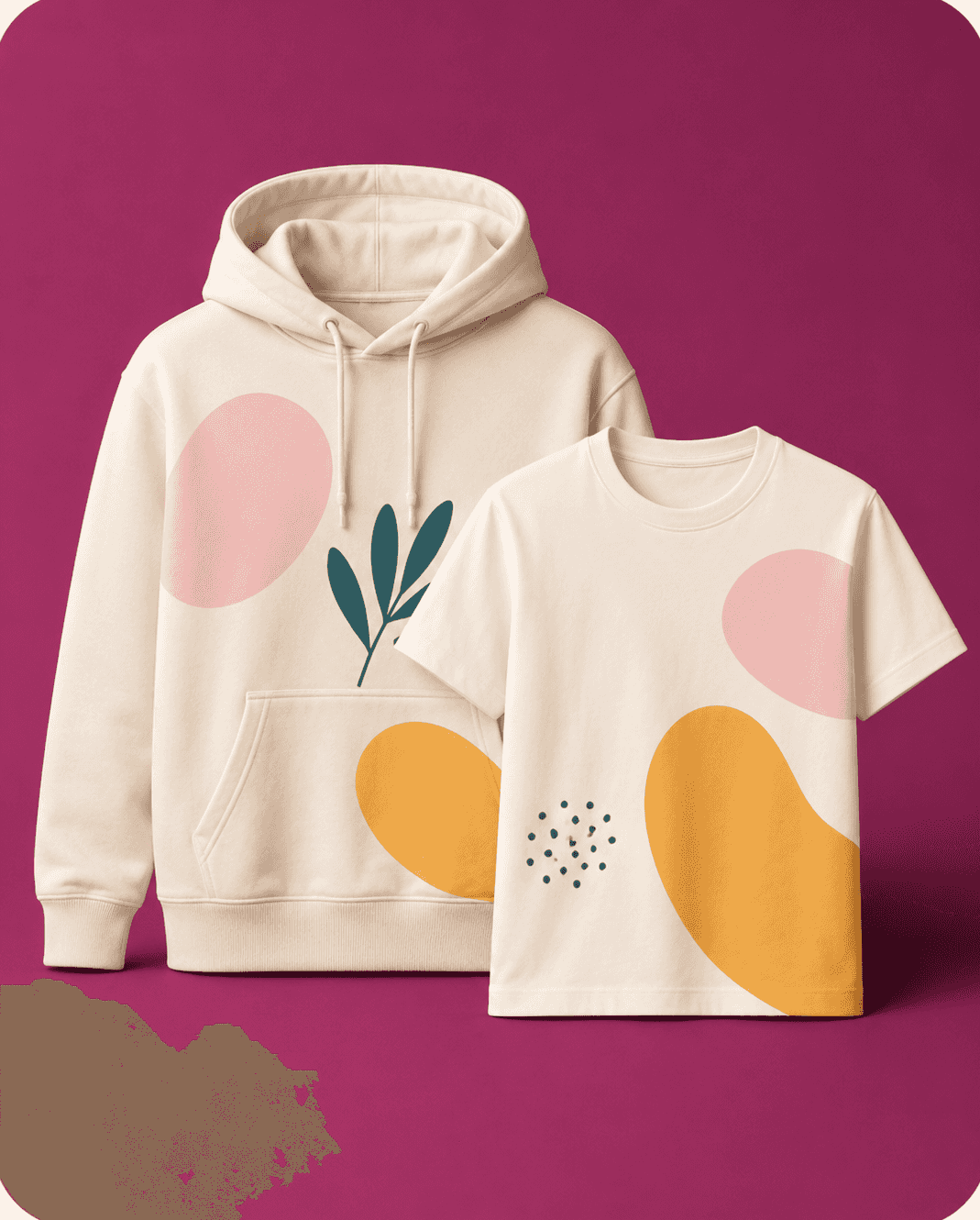 Cream hoodie and t-shirt printed with a modern abstract pattern.