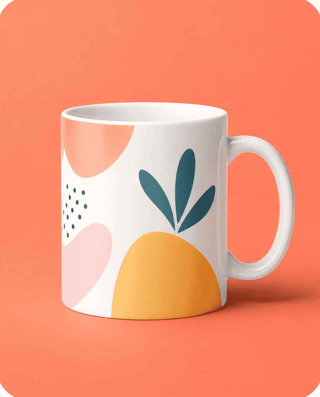 Ceramic mug printed with a modern abstract pattern on an orange background.