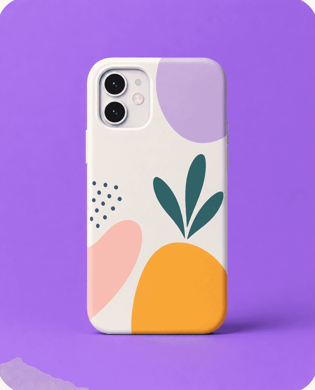 Phone case printed with a modern abstract pattern on a purple background.