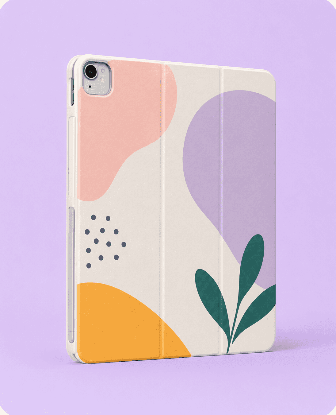 Tablet case printed with a modern abstract pattern on a lavender background.