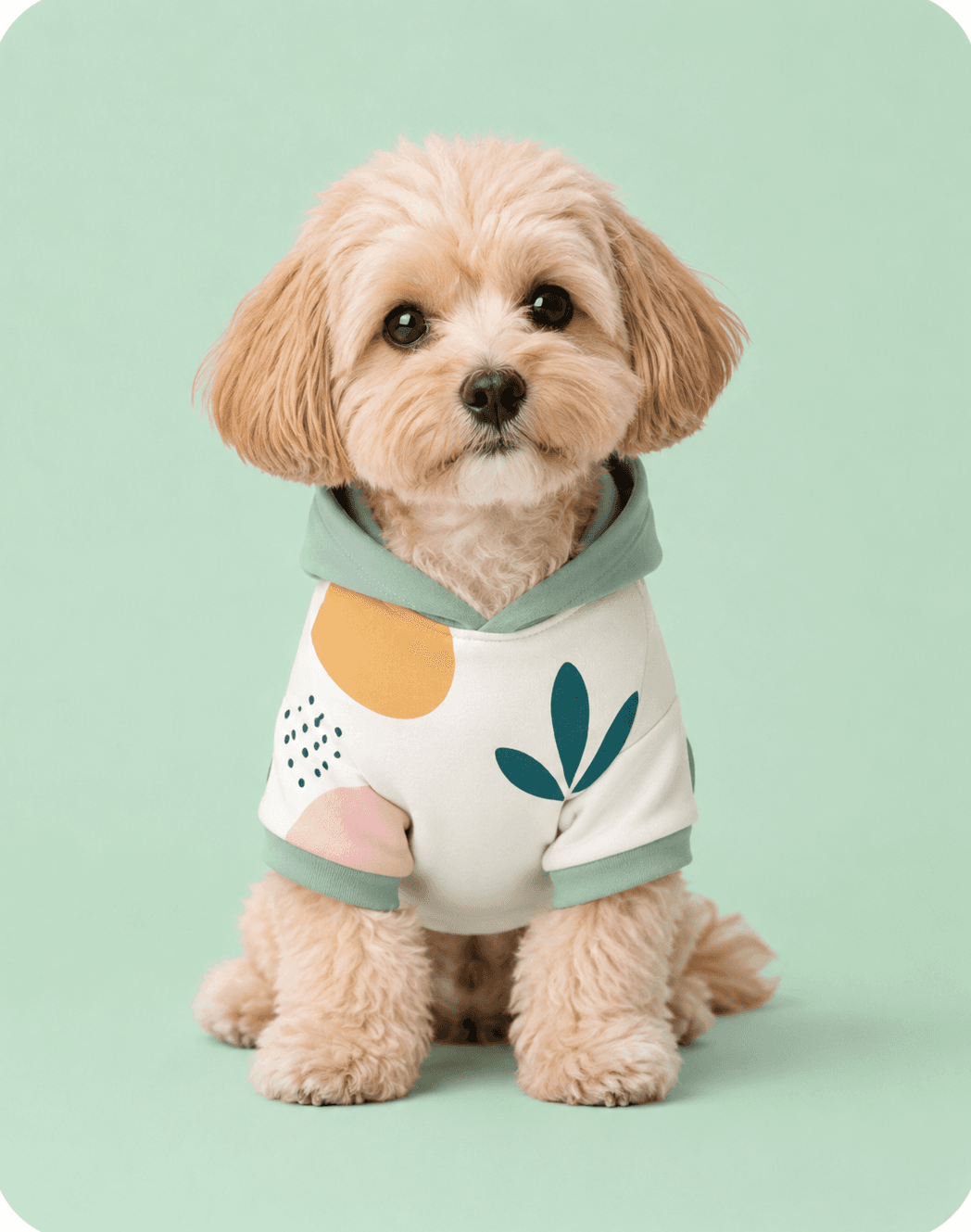 Small dog wearing custom pet apparel.