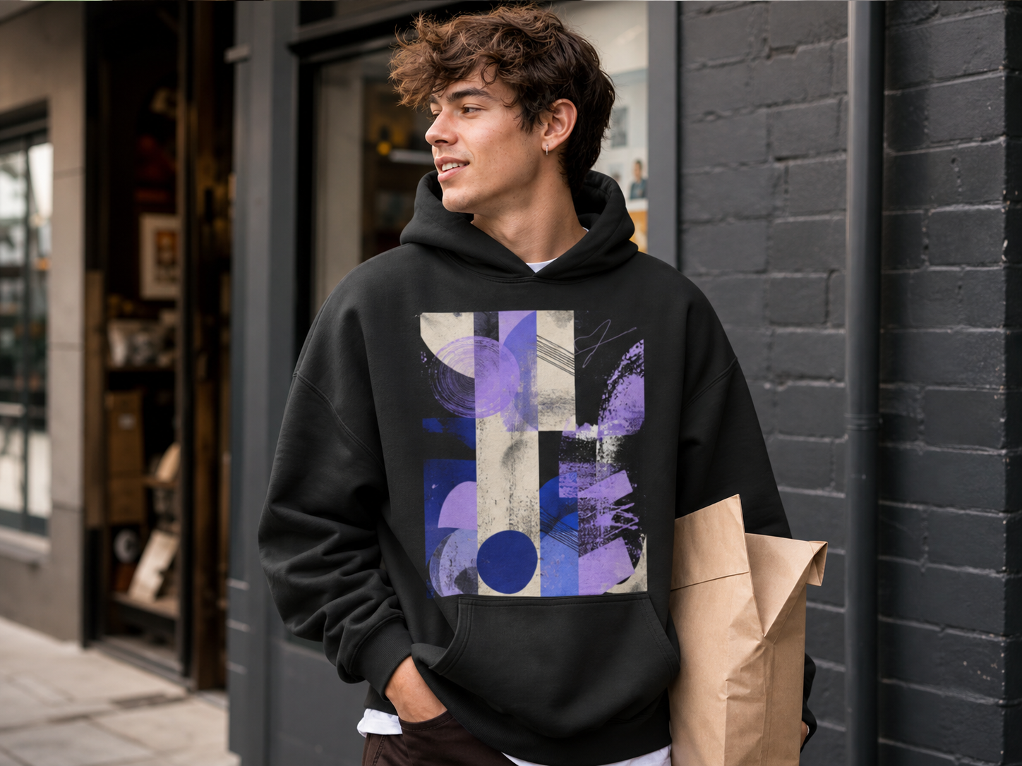 Customer wearing a custom printed hoodie